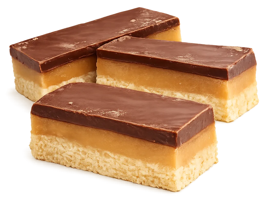 stacked bars showing layers of shortbread, caramel and chocolate